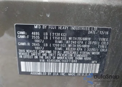 2017 Subaru Outback 2.5I Limited z USA, uszkodzony, nr VIN 4S4BSANC1H3311888